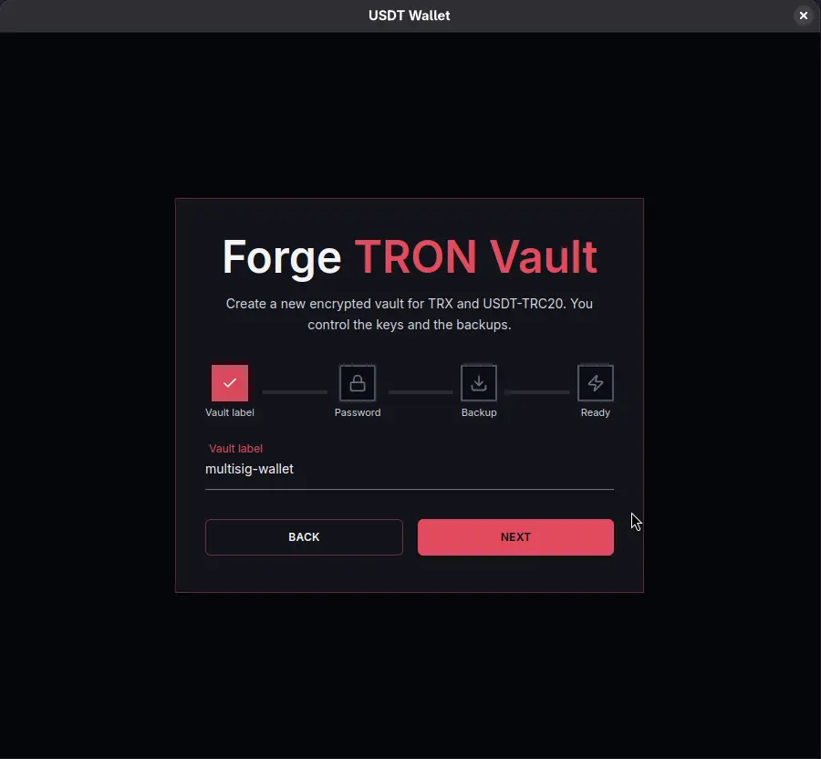 Dialog for creating a new TRON wallet and naming it