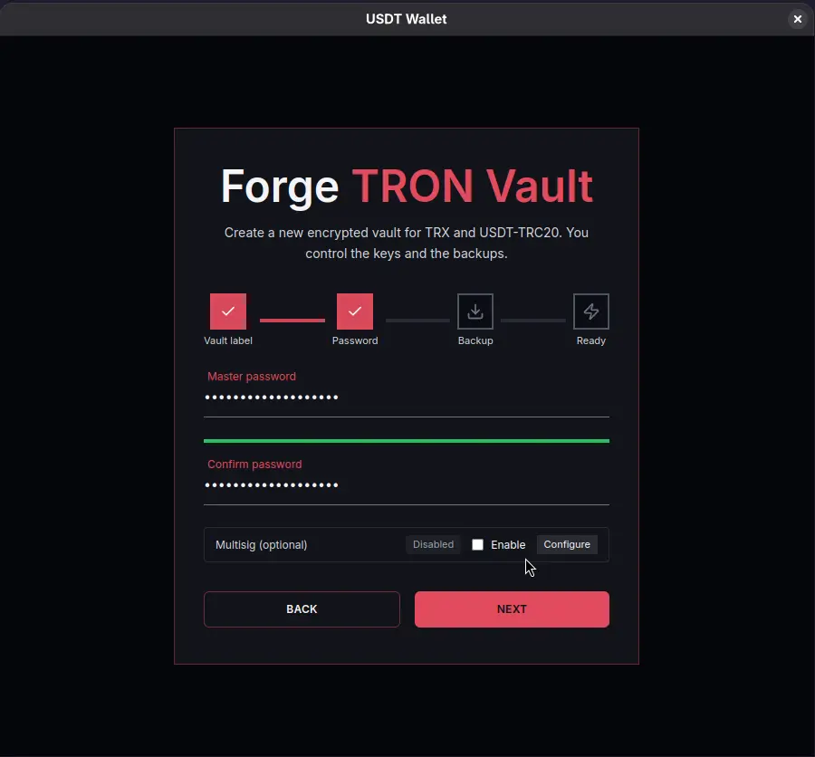 Local password dialog for encrypting and unlocking the wallet