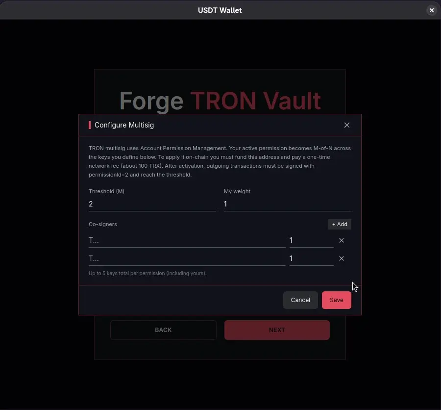 TRON Account Permission screen with M-of-N active permission and cosigner addresses